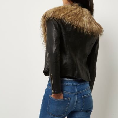 Black faux fox fur collar biker jacket
